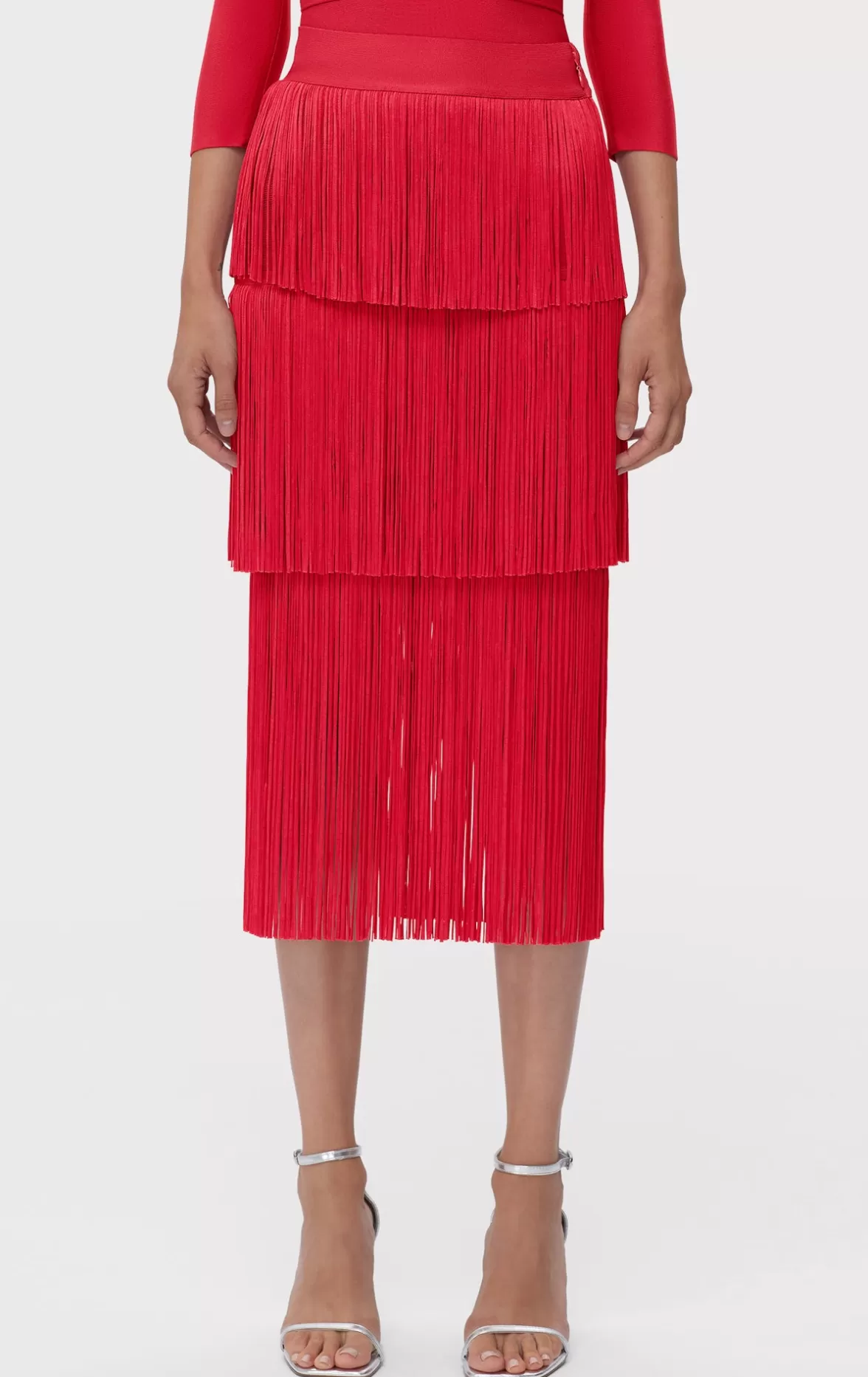 ICON LAYERED FRINGE MIDI SKIRT-Hervé Léger Fashion