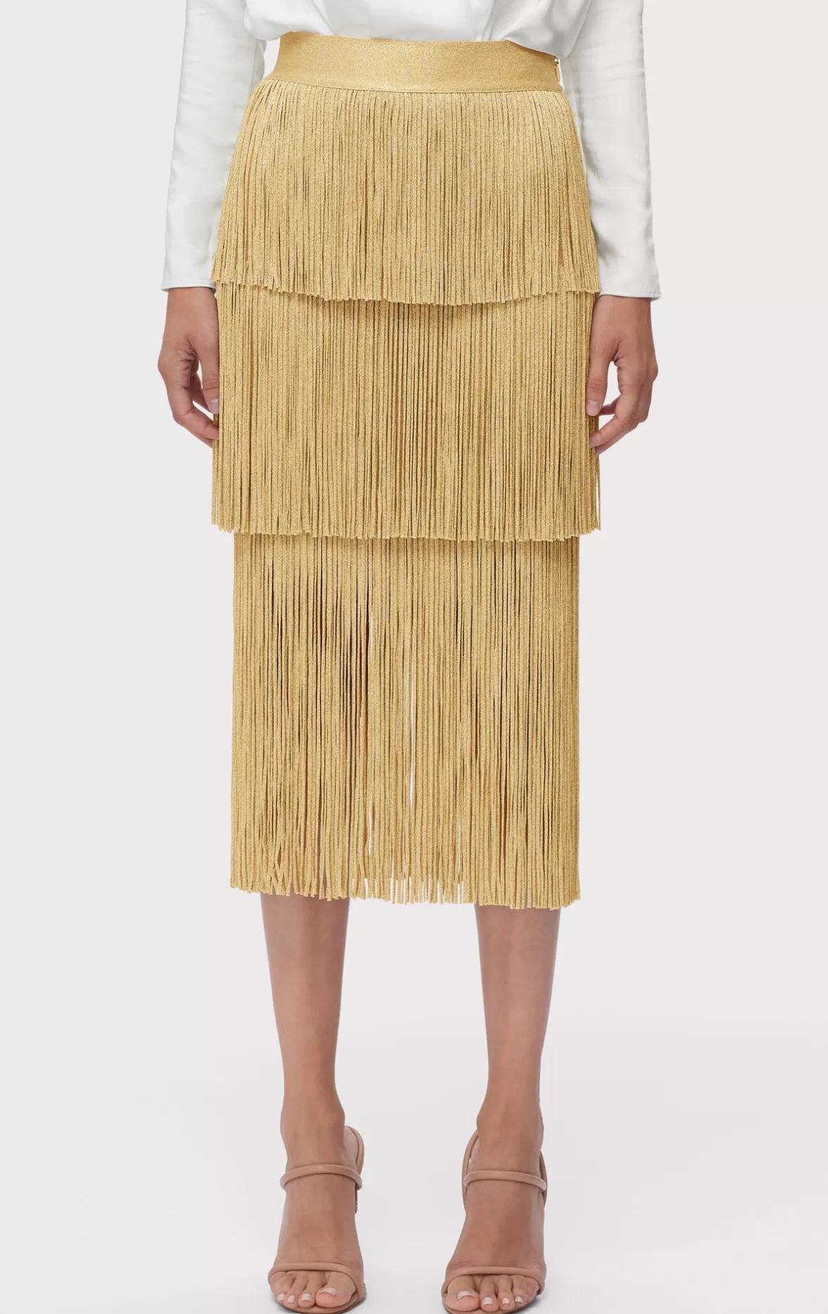 ICON METALLIC LAYERED FRINGE MIDI SKIRT-Hervé Léger Discount