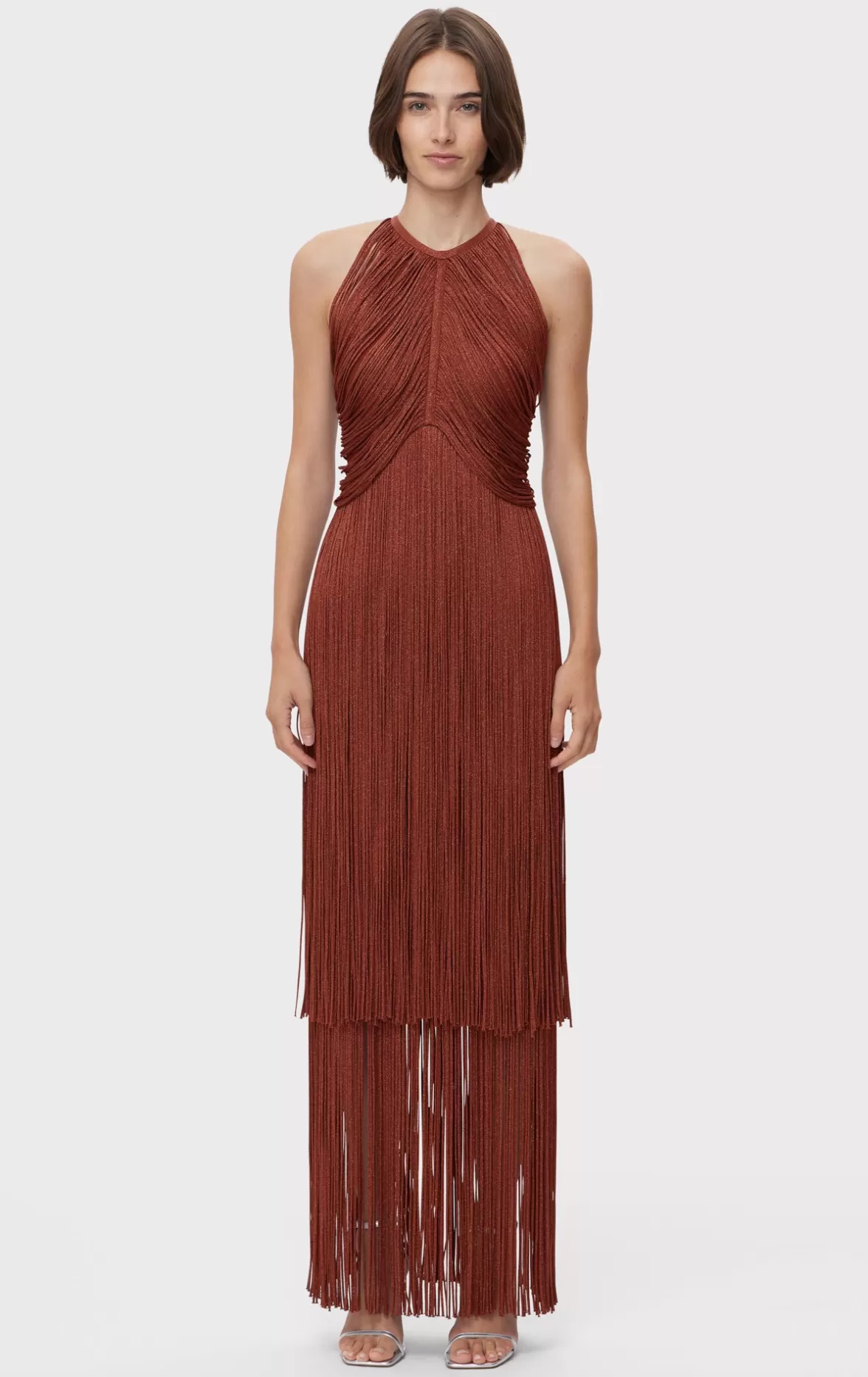 METALLIC DRAPED FRINGE HALTER GOWN-Hervé Léger Discount