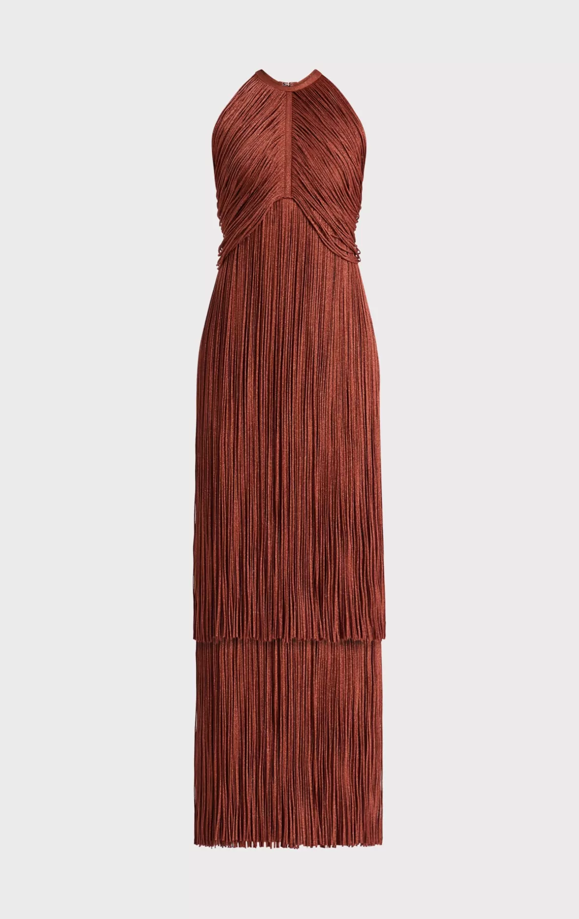 METALLIC DRAPED FRINGE HALTER GOWN-Hervé Léger Discount