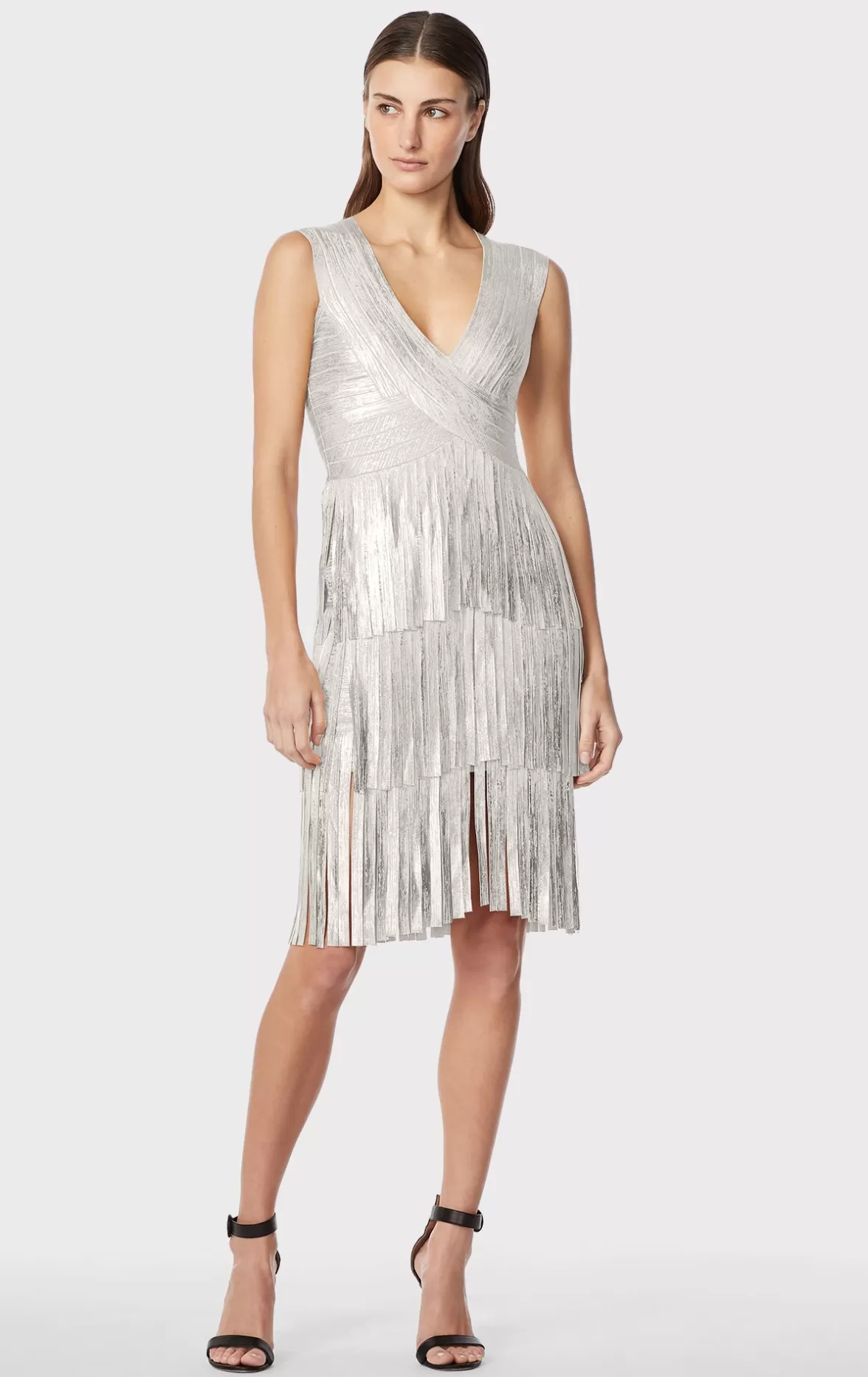 V NECK FOIL FRINGED MIDI DRESS-Hervé Léger Clearance