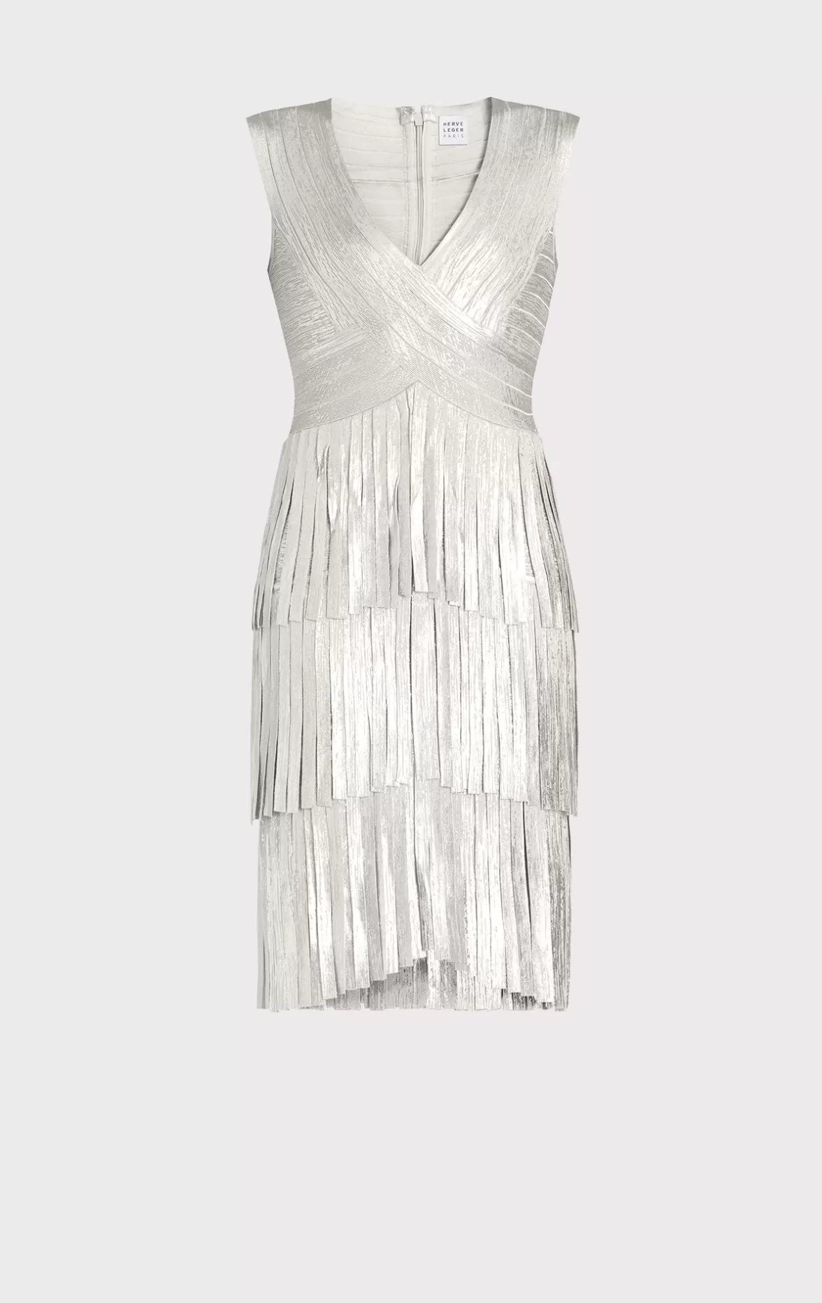 V NECK FOIL FRINGED MIDI DRESS-Hervé Léger Clearance